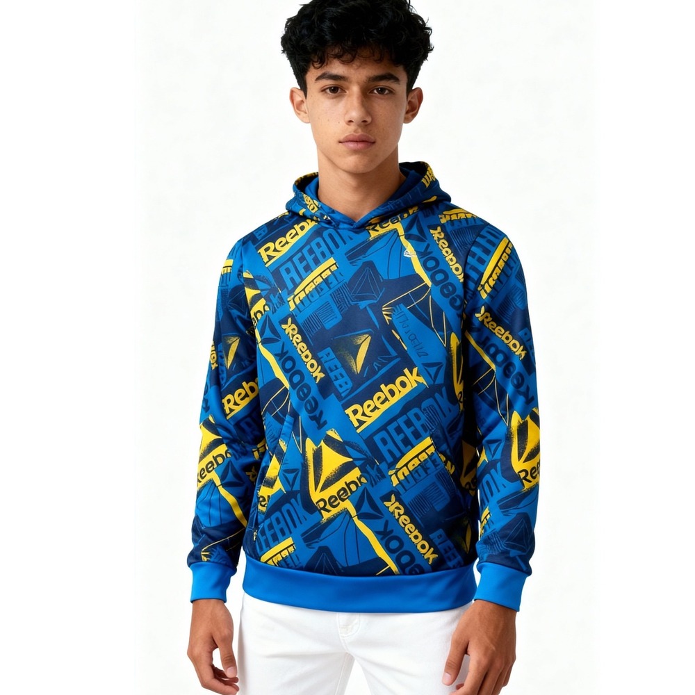 Reebok Boys Blue Yellow All Over Logo Print Hoodie Sweatshirt Size 18 XXL